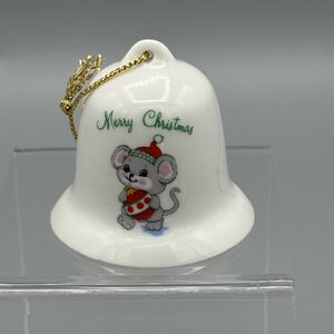 Vintage Russ Berrie Merry Christmas Gray Mouse Bell Ornament Porcelain Taiwan 2"